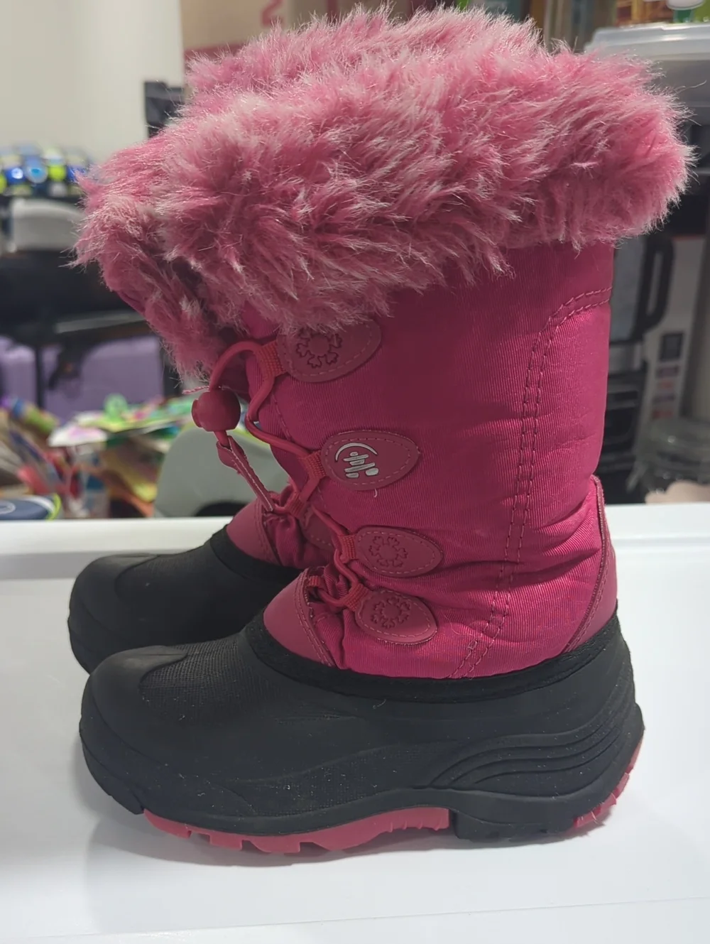 Kids Pink Winter Snow Boots with Faux Fur Trim